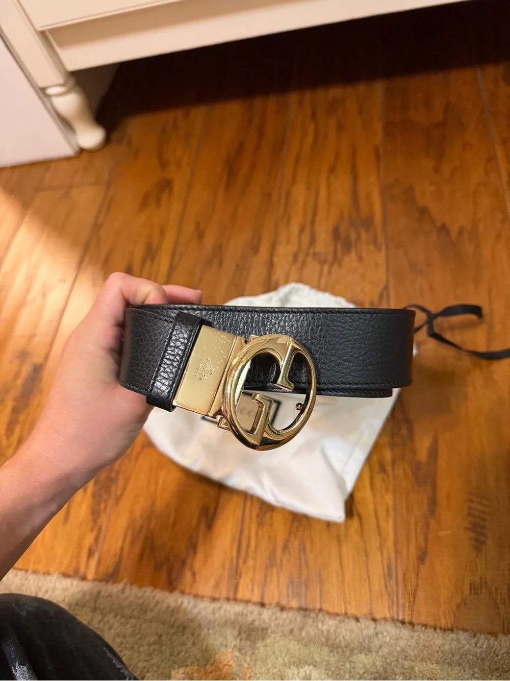 GUCCI Women's GG Leather Belt Black Gold Buckle